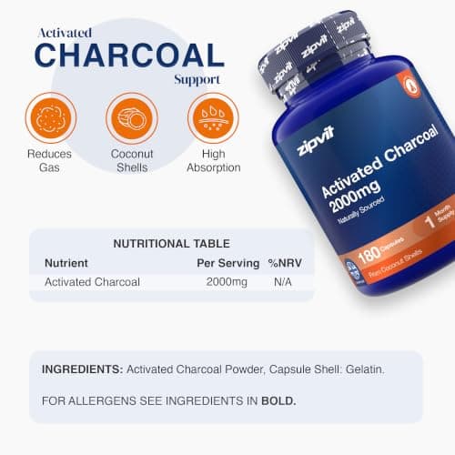 Zipvit Activated Charcoal 2000mg - High Strength - 180 Capsules — view 6