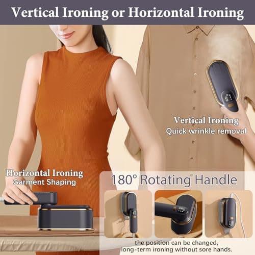 Steam Iron Travel Steamer with LCD Screen, 10S Fast Heat-up 2000W Steamer Clothing with 180° Rotatable Handle, Portable Handheld Clothes Steamer, 3 Steam Levels for Travel, Home, Office (Grey) — view 5