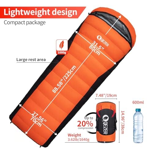 QEZER Down Sleeping Bag,Lightweight Rectangular Winter Sleeping Bag [1180g/1860g] for Adults and Kids 4 Season Camping, Hiking,Warehouse and Moutaineering Outdoor (orange, 1000g) — view 2