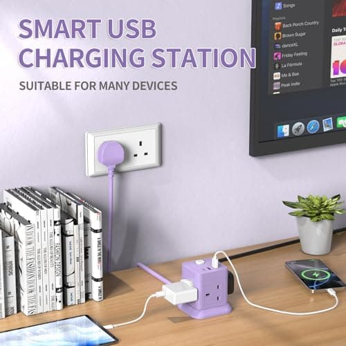 Extension Lead Cube with USB, BEVA 4 Way Power Strip with 3 USB Ports, Desktop Power Extension Socket with 1.5M Extension Cable Cords for Home Dorm Office Travel-Purple — view 3