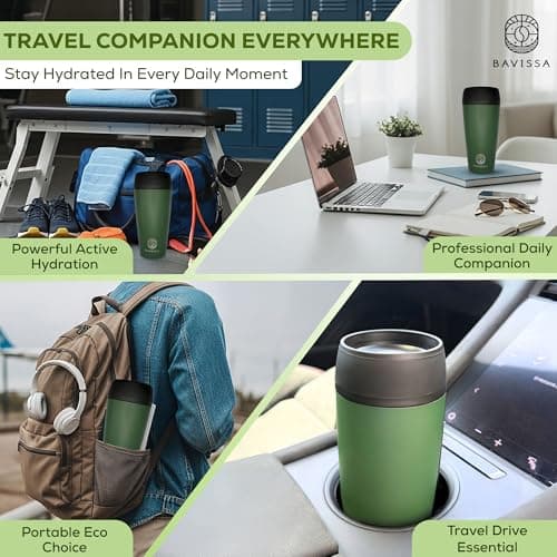 BAVISSA 360° Travel Mug, 400 ml, Leakproof, Double Walled (Khaki Green) — view 6