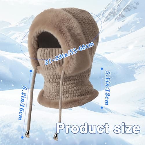 Ashloter 3 in 1 Beanie Hat for Women, 3in1 Thermal Winter Balaclava Knitted Hood with Scarf and Face Mask, Windproof Warm for Outdoor Skiing Hiking Running Skiing Cycling Ladis Men (Khaki) — view 2