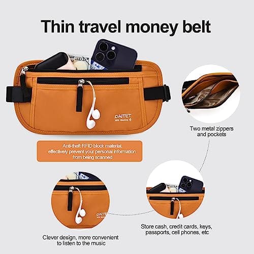 RFID Blocking Money Belt for Men Women, Slim Fanny Pack for Travel，Running,Conceal Waist Wallet for Passport Holder,Phone,Cash(Brown Orange) — view 4
