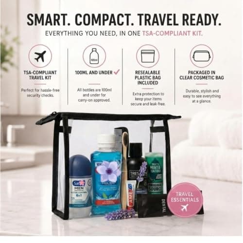 Men's Travel Toiletries Set with Clear Toiletry Bag – Airport Approved Travel Kit with Shampoo, Shower Gel, Toothpaste, Mouthwash, Toothbrush & Roll-On Deodorant, Travel Essentials for Holidays — view 4