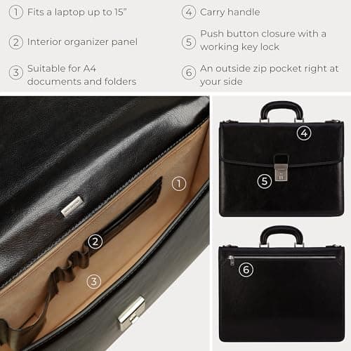 Time Resistance Leather Briefcase - Full Grain Leather Attache Case - Laptop Bag (Black) — view 6