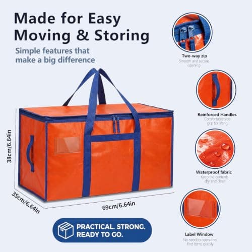 Colist 6 Pack 90L Moving Bags, Heavy Duty Clothes Storage Boxes Orange — view 3