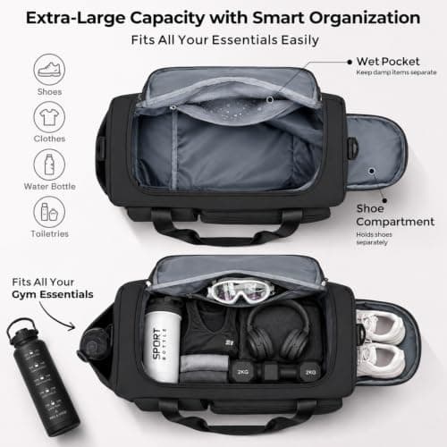 FIORETTO Gym Bag Womens, Sports Bag with Shoe Compartment, Black — view 3