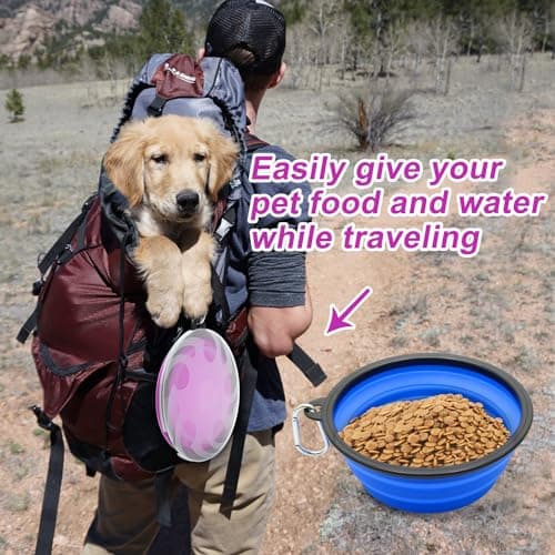 2 Pack Large Collapsible Dog Bowl, 1000ml/35oz Foldable Dog Travel Bowls, Portable Dogs Water Food Bowl with Carabiner, Pet Cat Feeding Cup Dish for Traveling, Walking (Blue + Purple) — view 4