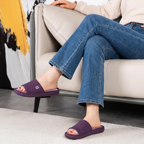 LongBay Women’s Waffle Slippers Open Toe Slip On Memory Foam Flat Summer House Slipper Purple, 7-8 — view 2