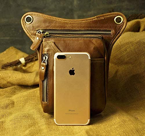 Le'aokuu Mens Genuine Leather Motorcycle Waist Pack Messenger Shoulder Drop Leg Bag 211-5 (211-5 Light Brown 3) — view 4