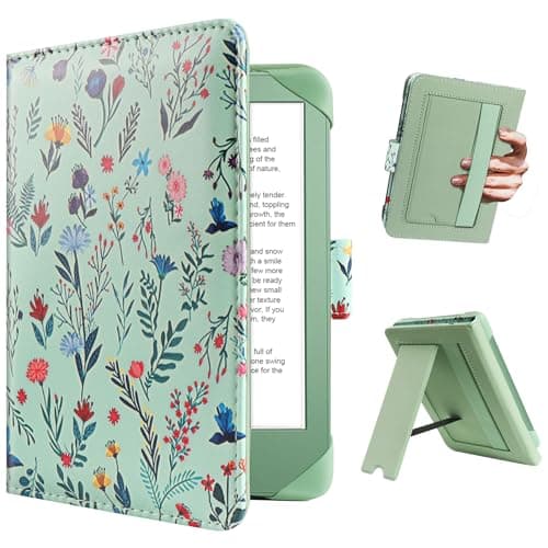 HoYiXi Universal Case For 6 inch eReader,Compatible with Kindle/Kobo Clara HD/Kobo Clara 2E/Paperwhite/PocketBook/Tolino eReader,with HandStrap/Kickstand, Cover Case for 6'' eReaders,Green flowers