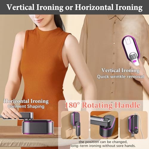 Steam Iron Travel Steamer with LCD Screen, 10S Fast Heat-up 2000W Steamer Clothing with 180° Rotatable Handle, Portable Handheld Clothes Steamer, 3 Steam Levels for Travel, Home, Office(Purple+Grey) — view 5
