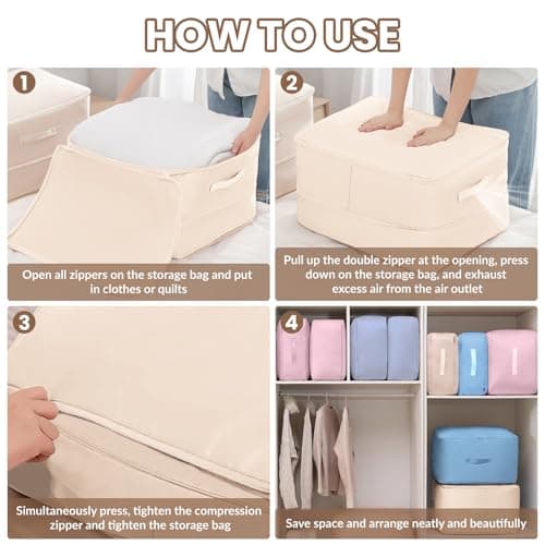 4 pcs Extra Large Space Saving Self Compression Storage Bags for Clothes, Duvets, Bedding, Blankets & Pillows – Foldable Underbed Organiser with Reinforced Handles & 3-Layer Zipper, 52x42x60cm — view 4