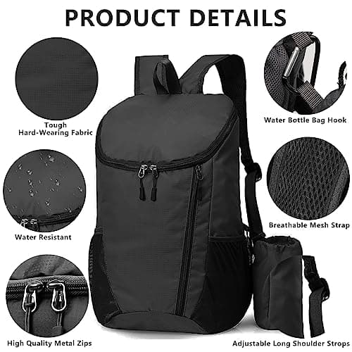 Yoolly Lightweight Foldable Backpack, Small Hiking Rucksack, Waterproof Packable Backpack for Men Women Kids, Durable Rucksack for Outdoor Sport Travelling Hiking Camping Biking Walking (Black) — view 3