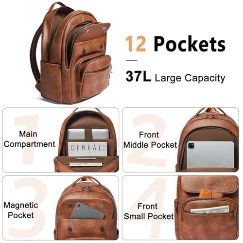 Leresas 37L Backpack Purse for Women Men Laptop Bag Travel Backpack Vegan Leather Work Business Back Pack Fashion Back Bag — view 4