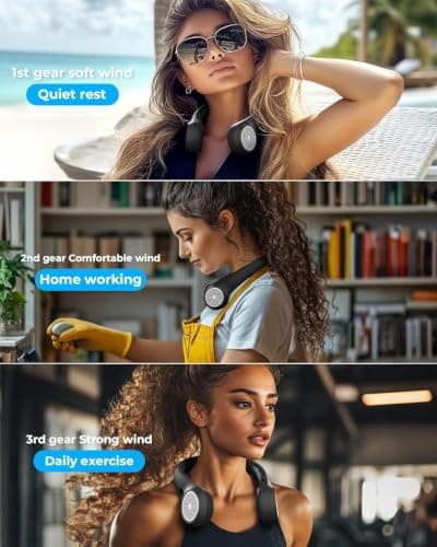 Hssio Neck Fan with 4000mAh Rechargeable Battery & LED Display-3 Speeds Bladeless 360° Cooling Fan,Quiet Personal Fan,Portable Wearable Air Conditioner for Office,Travel,Home&Outdoor,DarkBlack — view 6