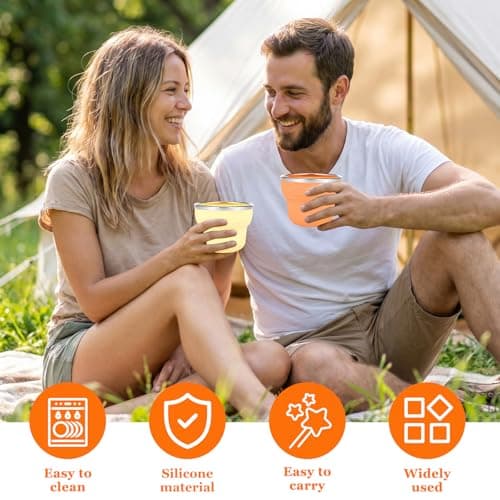 shaojian 2Pcs Collapsible Camping Cup 200ml Foldable Cup with Stainless Steel Rim and Lid, Portable Pocket Cups for Hiking Camping Travel Airport Hotel Mouthwash(Orange+Yellow) — view 4