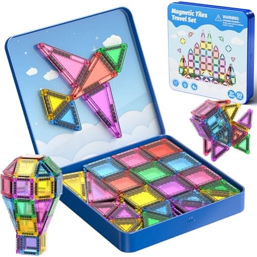 Magnetic Tiles Travel Building Set: 60PC with Iron Case for Kids 3+