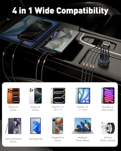 90W 4-Port USB C Car Charger & Cable for iPhone 17 16 15 Samsung S26/S25 — view 5