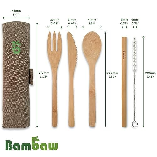 Bamboo Cutlery Set | Wooden Cutlery | Eco-Friendly Cutlery Set | Knife, Fork, Spoon & Straw | Travel Cutlery | Camping Cutlery with Storage Cover | Olive | Bambaw — view 3
