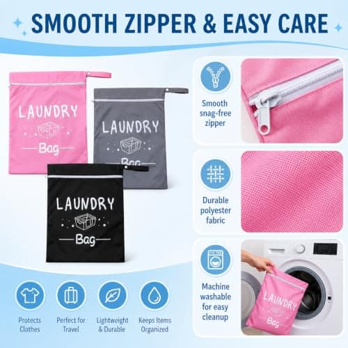 3 PCS Travel Laundry Bag Set, Splash Proof Dirty Clothes Organizer with Zipper and Handle, Portable Laundry Bags for Travelling, Luggage Organizer Bags for Gym & Holiday, 38x48 cm (Pink, Black, Grey) — view 3