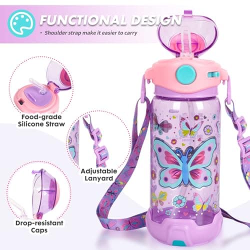 PinkSheep Kids Water Bottle with Straw/Lanyard, 650ml Child Drinking Water Bottle, BPA Free Leak-Proof Locking Flip Lid for Kids Girls Boys School Sport Travel (Butterfly) — view 2