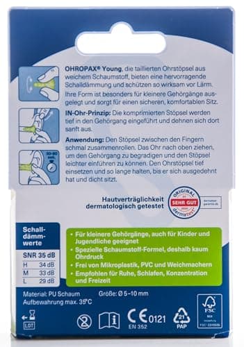 Ohropax Mini Soft Earplugs, Anatomically Shaped in-Ear Plugs, for The Small Ear Canal and for Children, Made of Foam, for Relaxing, Sleeping and Listening to Music, Pack of 10 — view 2