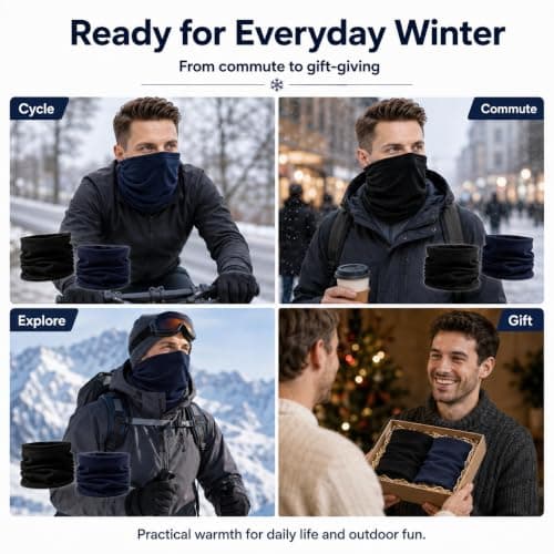 2 Pcs Winter Fleece Neck Warmer, Snoods for Men Women, Bandana Face Covering Mask, Windproof Thermal Neck Gaiter Scarf for Motorcycle Running Skiing Cycling Outdoor Sports(Black and Navy Blue) — view 6