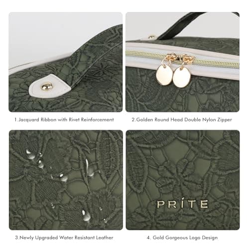Prite Travel Makeup Bag Flat Lay Cosmetic Case with Brush Pocket, Green, M — view 5