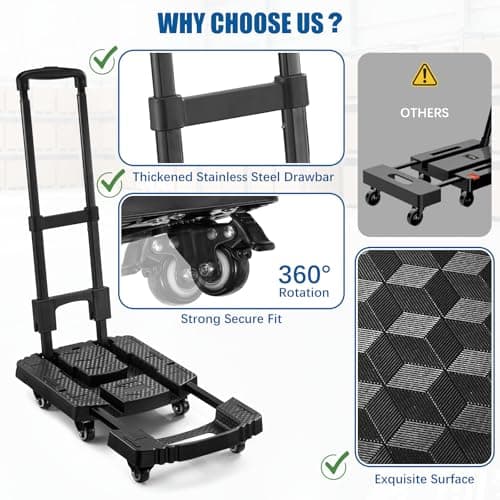Folding Trolley on Wheels, 225Kg Heavy Duty Extendable Sack Truck/Sack Barrow with 6 Wheels (2 with Brake) & 2 Elastic Straps - Compact for Moving, Luggage, Garden Plants, Camping (jet black) — view 4