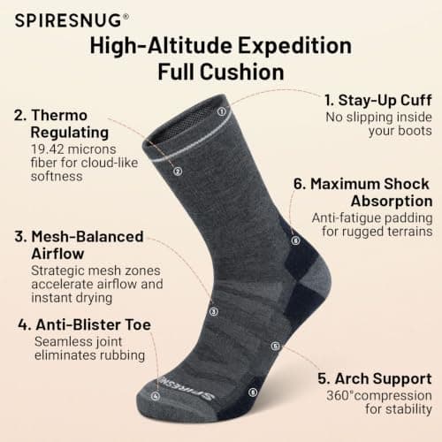 SPIRESNUG Thermal Merino Wool Hiking Socks for Men & Women, Full Cushion Winter Socks, Anti-Blister & Moisture Wicking, Brown, Large — view 2