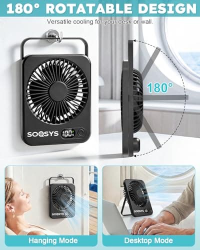 SOQSYS Cruise Approved Fan with 4000mAh Battery, Portable Fan for Cruise Magnetic Hook Included to Hang on Cabin Walls, 5-Speed Tavel Fan for Hotel Bedside Sleeping Cruise Ship Essentials — view 4