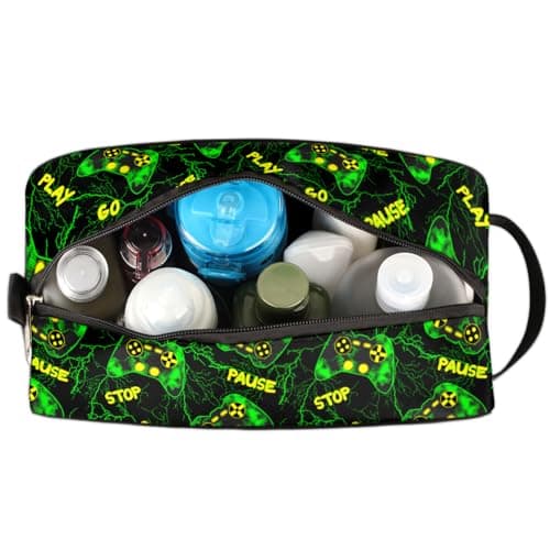 Travel Toiletry Bag for Boys Kids - Green Video Game Waterproof Hanging Dopp Kit for Men, Shaving Bag with Large Capacity for Bathroom, Sports, Shower — view 5