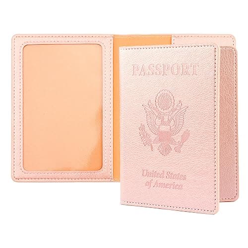 Leather Passport Case - Women's & Men's Travel Passport Wallet, Airport Essentials with Protector, Rose Gold, 5.59 in x 4.13 in, Classic