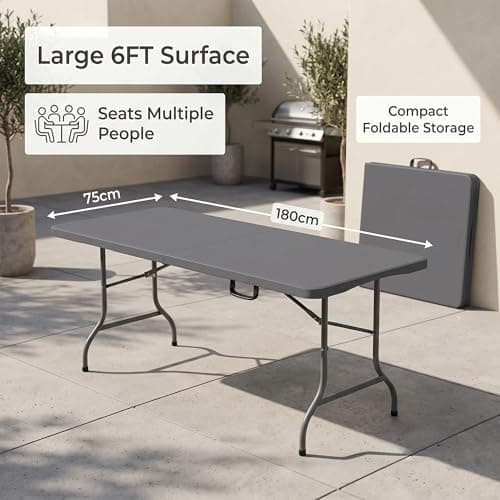 HomlyPro Heavy Duty 6FT Folding Table 180x75cm, Grey, Plastic Folding Desk Portable as Camping Table, Picnic, BBQ, Garden Outdoor and Indoor Utility Surface — view 2
