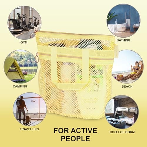 DV Lifestyle Mesh Shower Bag 25 x 26cm Caddy with Zipper & 2 Pockets. Quick-Dry Portable Toiletry Tote for Bathroom, Gym, Travel, Camp, Beach, for Sunscreen, Dorm & College Essentials (Yellow) — view 4