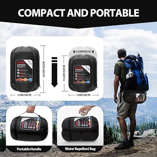 ETGLCOZY Lightweight 3-Season Sleeping Bag for Adults/Kids Camping, Compact w/Compression Sack, Waterproof Ripstop, Portable for Backpacking Hiking Travel, 0-10°C, Black/Grey — view 2