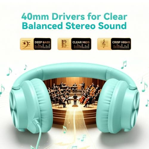 Wired Headphones with Mic, Over-Ear 3.5mm Corded Headphone for School Green — view 2