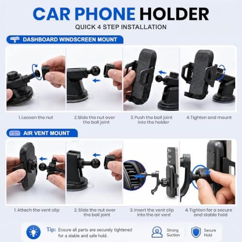 Laven & Ivory Car Phone Holder for Cars, 2-in-1 Dashboard & Air Vent Phone Holder for Car, 360° Adjustable Strong Suction Car Phone Mount, One-Button Release for iPhone & Android 4–7 Inch — view 6