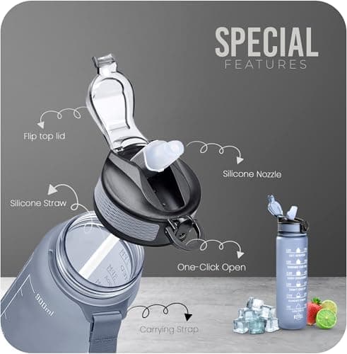 Roe Tenpo Sports Water Bottle with Straw and Time Marking, and 32OZ Capacity - Motivational and Eco-Friendly BPA-Free Bottle for Running, Gym, Yoga, Outdoors, and Camping (Style-1, Grey) — view 3