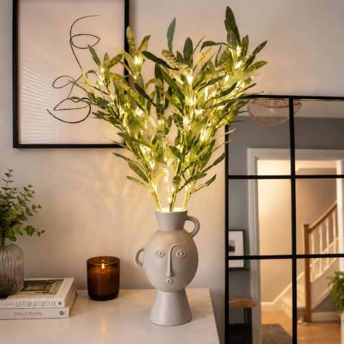 Festive Lights - 3 x 65cm Decorative Olive Leaf Branch Lights (1 Pack) with 60 Warm White LEDs - Battery Powered Indoor Foliage, Green Design, Timer Function, Clear Cable, Twig Style Vase Display