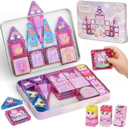 Travel Magnetic Tiles Girls: 42pcs Unicorn Tin Case Building Set Gift