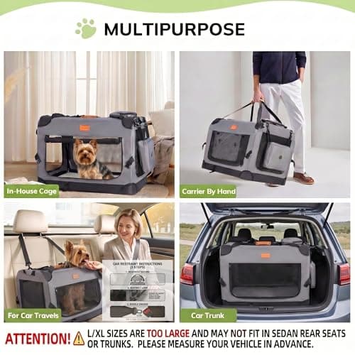 Morpilot Large Dog & Cat Carrier | Soft-Sided Pet Travel Crate, Foldable Dog Car Crate, with Collapsible Bowl, Shoulder Strap & Storage Pockets, XL, Grey, (Max 32kg) — view 4