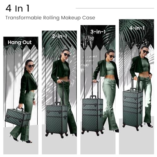 Professional 4-in-1 Large Makeup Trolley Beauty Cosmetics Vanity Organizer Rolling Make up Train Case Hairdressing Storage Box with Universal Wheels and Key Locks 4 Tiers (Dark Green) — view 2