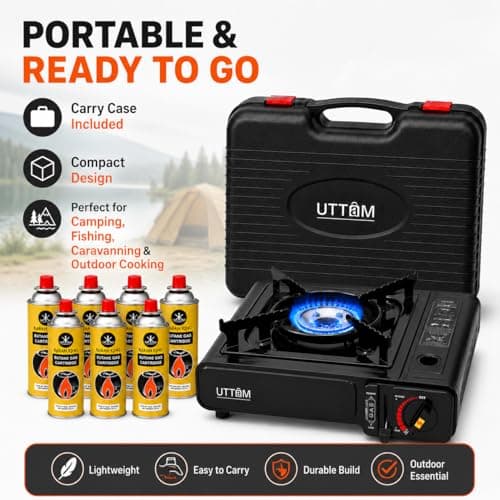 UTTAM Black Portable Camping Stove with Cary Case | EN417 Compliant Camping Portable Stove | Camping Stove with Automatic Ignition & Heat Control (Stove + 8 Butane Cannister) — view 4