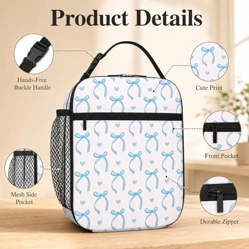 Komergave Insulated Lunch Bag for Women Girls, Cute Small Blue Bow Polyester Thermal Cooler Bag, Reusable Leakproof Portable Lunch Box Bag with Handle for Work School Picnic Travel Beach Preppy Gifts — view 2