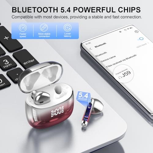 Kicoeon Wireless Earbuds Bluetooth 5.4 Headphones with 4 Mic HiFi Stereo Sound, Wireless Headphones with Dual LED Display Touch Control, 40H Playtime Bluetooth Earphones IP7 Waterproof, Red — view 3
