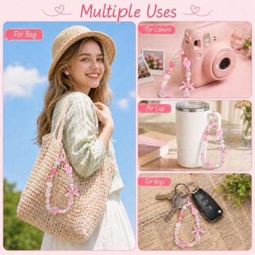 Ouligay Pink Camera Wrist Strap Beaded Phone Charm Strap Cute — view 5