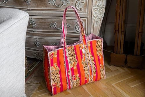 IBOAH Large Quilted Cotton Tote Bag Tiger Print, Beach Travel (Orange) — view 3