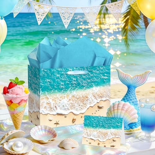 Beach Gift Bag with Tissue Paper and Card Summer Beach Goodie Candy Bags Seashell Blue Ocean Wave Summer Pool Party Favors Supplies for Holiday Birthday Wedding Luau Tropical Party — view 4